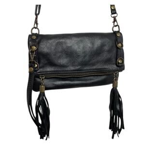Italian Leather Black Crossbody Bag Fringe Charm Soft Leather Clutch Western
